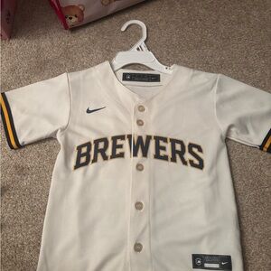 Nike White Brewers Baseball Jersey with Navy & Gold Trim